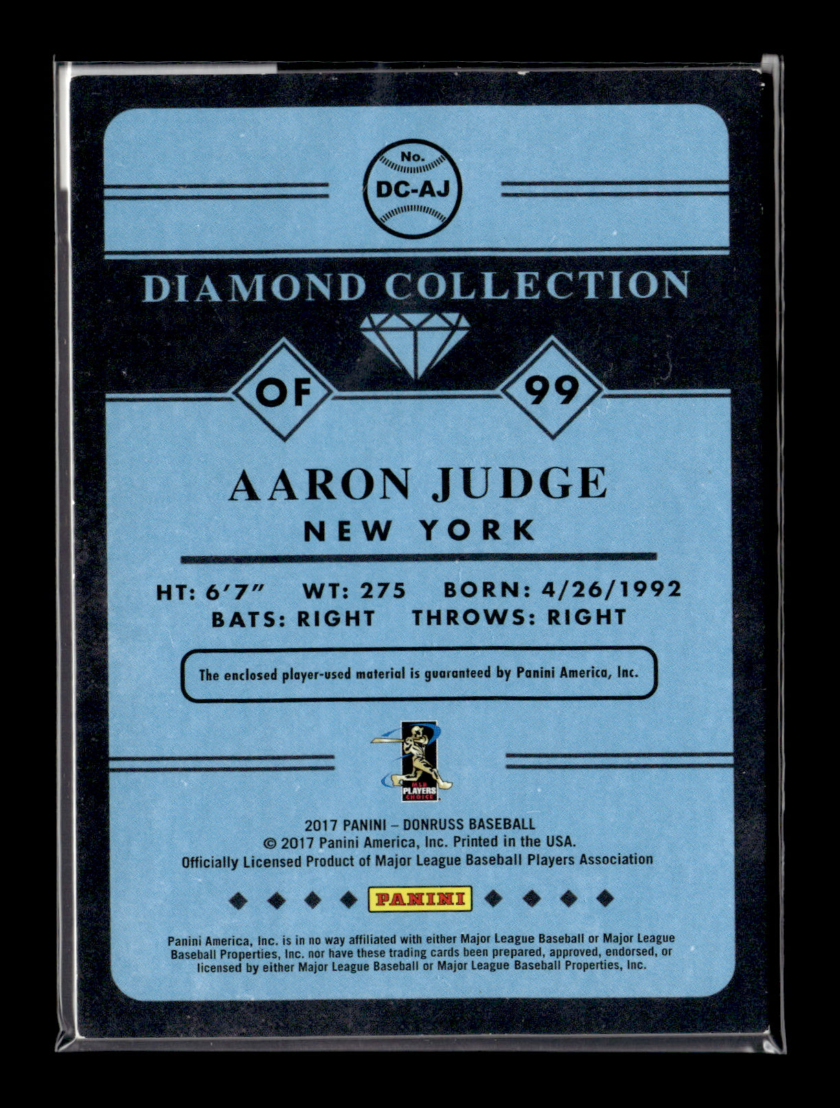 2017 Panini Donruss Aaron Judge Rookie #DC-AJ - Jersey Patch Yankees