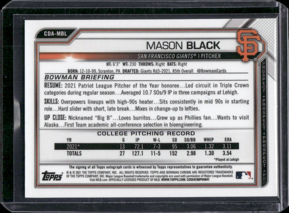 2021 Bowman #CDA-MBL Mason Black Draft Auto Purple Refractor #/250 Giants