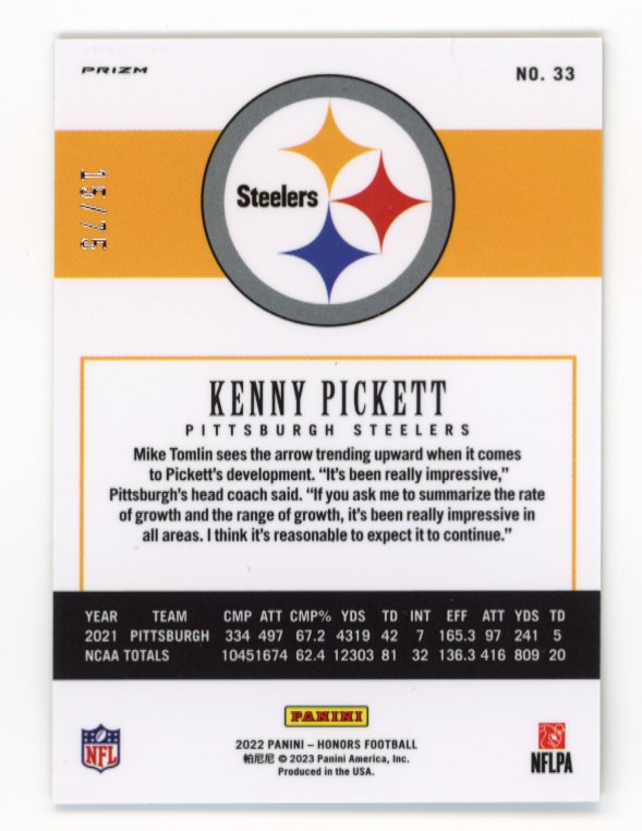 2022 Panini Honors Kenny Pickett RC #33 - #/75 Steelers