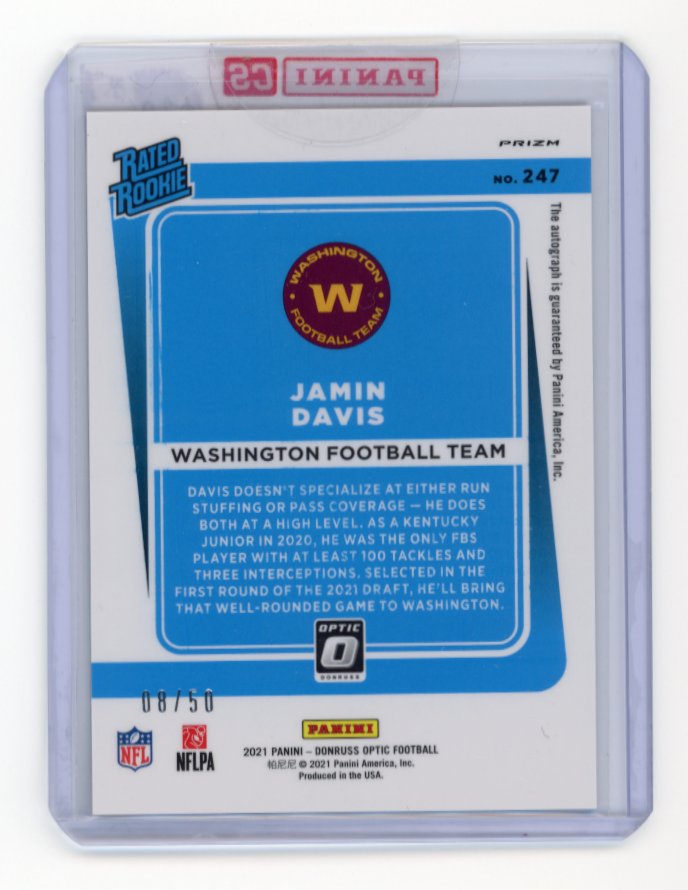 2021 Panini Donruss Optic Jamin Davis Rated Rookie RC #247 - Autograph Purple #/50 Commanders