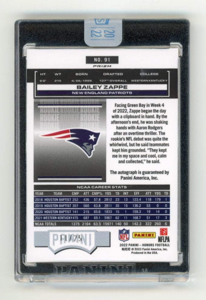 2022 Panini Honors Bailey Zappe RC #91 - Orange #/25 Autograph Patriots