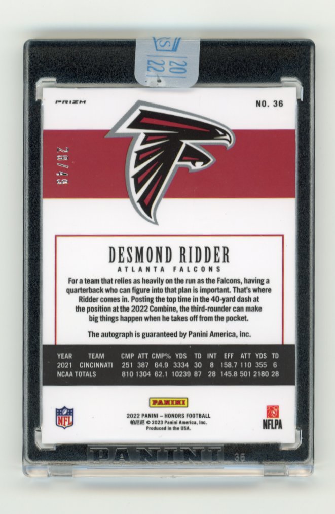 2022 Panini Honors Desmond Ridder RC #36 - #/49 Autograph Falcons