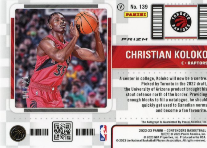 2022/23 Panini Contenders Rookie Ticket Christian Koloko #139 - #/21 Blue Shimmer Autograph Raptors