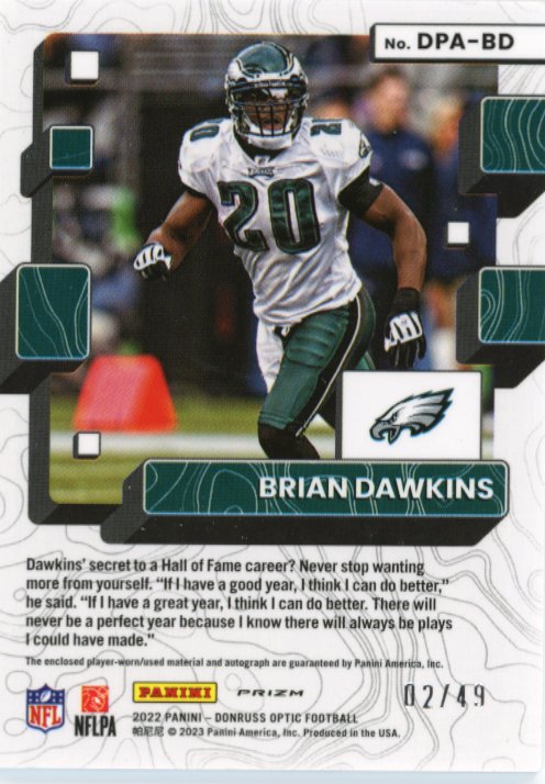 2022 Panini Donruss Optic Brian Dawkins #DPA-BD - #/49 Patch Autograph Eagles