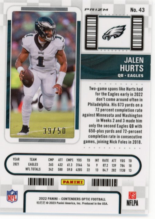 2022 Panini Contenders Optic Jalen Hurts #43 - #/50 Orange Eagles