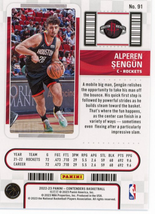 2022/23 Panini Contenders Opening Night Ticket Alperen Sengun #91 - #/25 FOTL Rockets