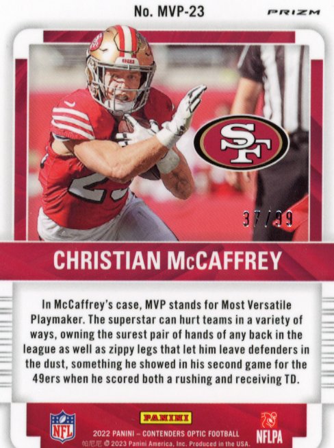 2022 Panini Contenders Optic Christian McCaffrey #MVP-23 - #/99 Blue 49ers