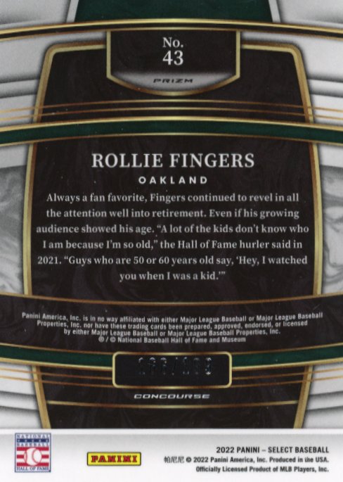 2022 Panini Select Rollie Fingers #43 - #/199 Red Athletics