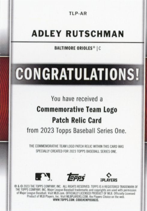 2023 Topps Series One Adley Rutschman RC #TLP-AR - Team Logo Relic Orioles