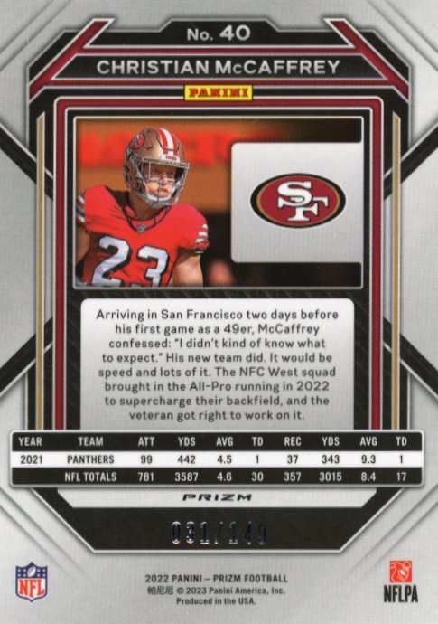 2022 Panini Prizm Christian McCaffrey #40 - #/149 Red Wave 49ers