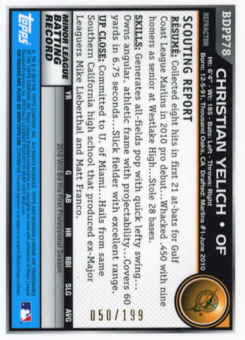 2010 Bowman Chrome Christian Yelich 1st #BDPP78 - #/199 Blue Brewers