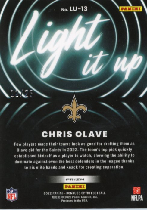 2022 Panini Donruss Optic Chris Olave RC #LU-13 - #/25 Purple Stars Saints