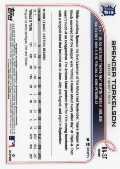 2022 Topps Chrome Spencer Torkelson RC #RA-ST - Autograph Tigers