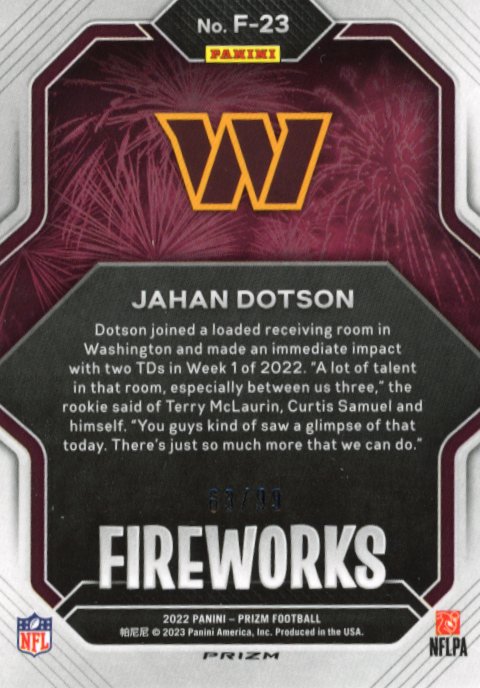 2022 Panini Prizm Jahan Dotson RC #F-23 - #/99 Fireworks Blue Cracked Ice Commanders