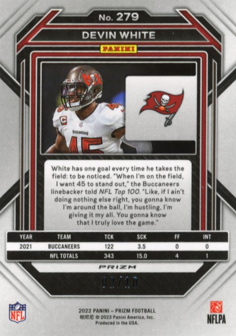 2022 Panini Prizm Devin White #279 - #/10 Gold Shimmer Buccaneers