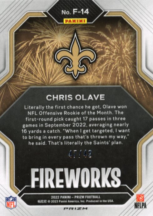2022 Panini Prizm Chris Olave RC #F-14 - #/49 Fireworks Purple Power Saints