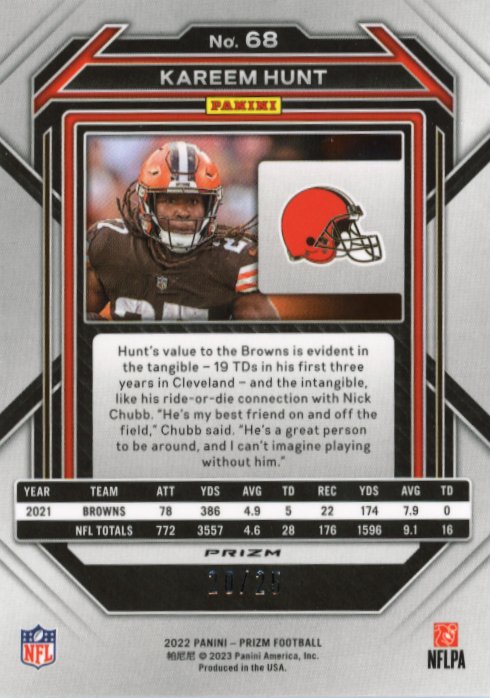 2022 Panini Prizm Kareem Hunt #68 - #/25 Blue Shimmer Browns