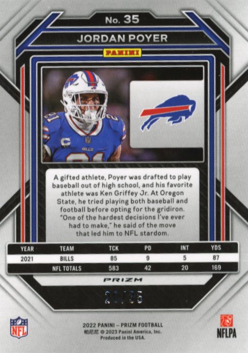 2022 Panini Prizm Jordan Poyer #35 - #/35 Red Shimmer Bills