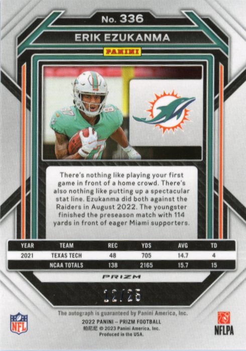 2022 Panini Prizm Erik Ezukanma RC - #/25 Blue Shimmer Autograph Dolphins