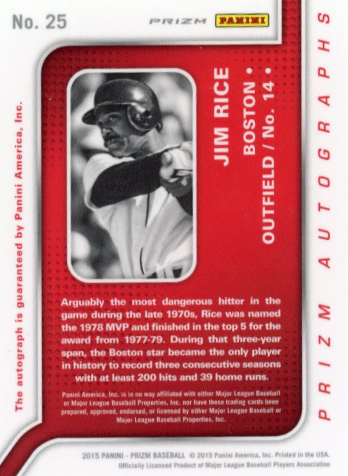 2015 Panini Prizm Jim Rice Autographs #25 - #/75 Autograph Red Red Sox