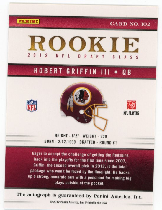 2012 Panini Elite Robert Griffin III RC #102 - #/99 Autograph Commanders