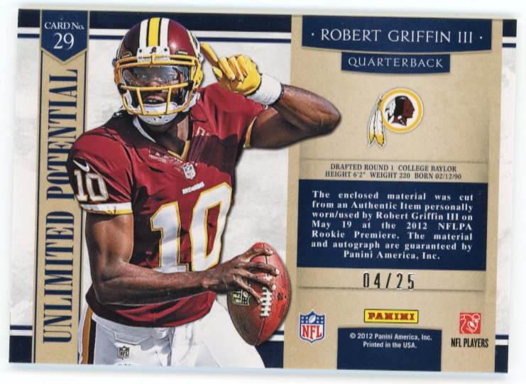 2012 Panini Prominence Unlimited Potential Robert Griffin III #29 - #/25 Patch Autograph Commanders