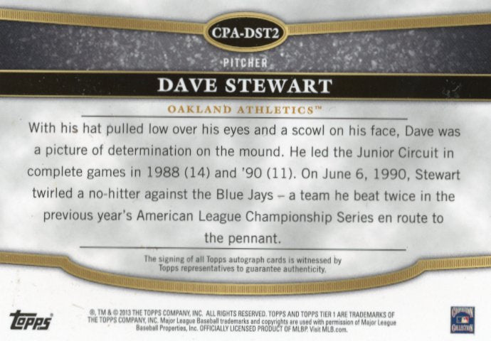 2013 Topps Tier One Crowd-Pleaser Dave Stewart #CPA-DST2 - #/299 Autograph A's