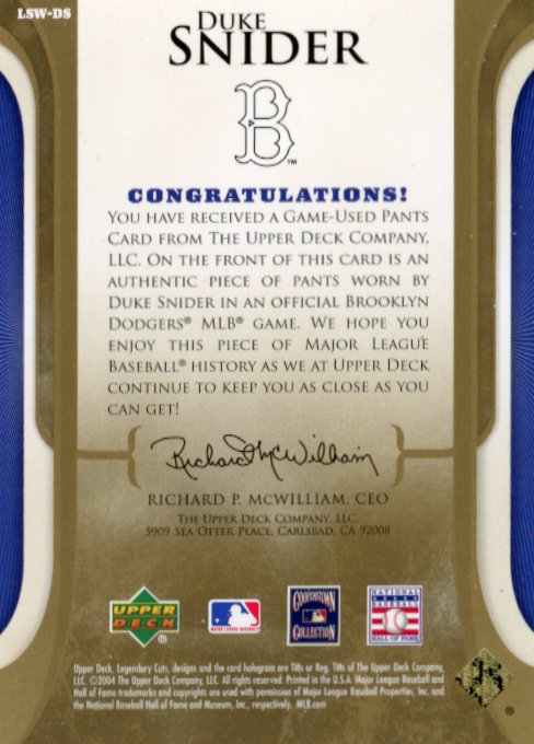 2004 Upper Deck Duke Snider Legendary Swatches #LSW-DS - Patch Dodgers