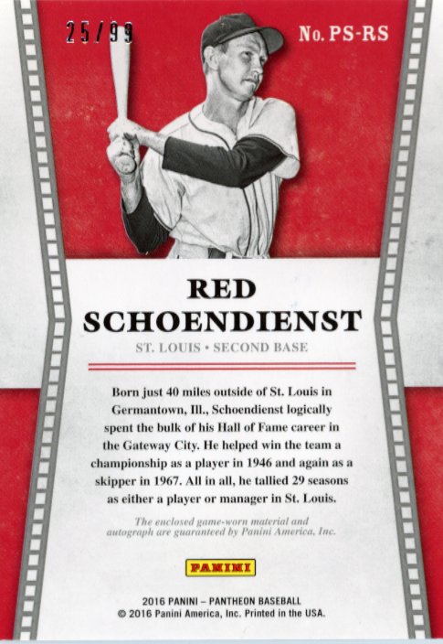 2016 Panini Pantheon Red Schoendienst #PS-RS - #/99 Patch Autograph Cardinals