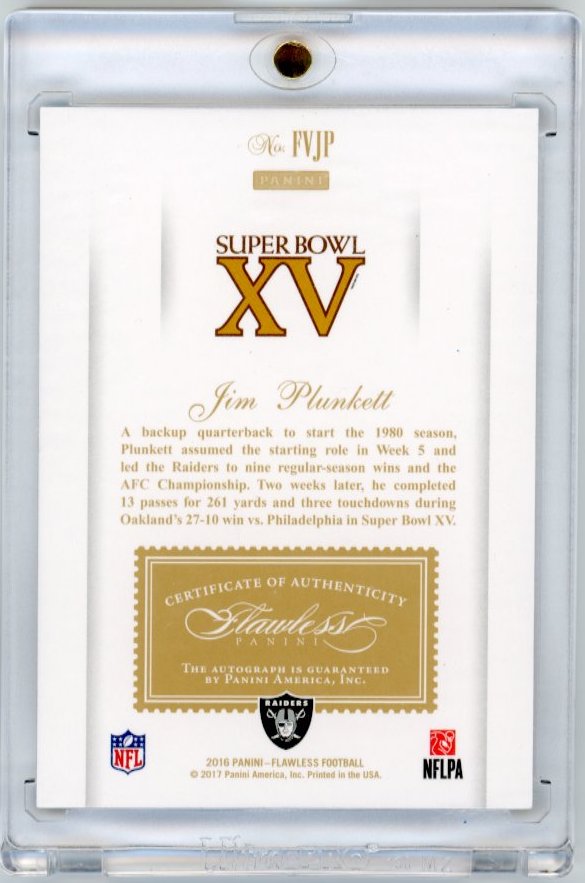 2016 Panini Flawless Jim Plunkett Super Bowl XV Champion #FVJP - #/2 Autograph Green Raiders