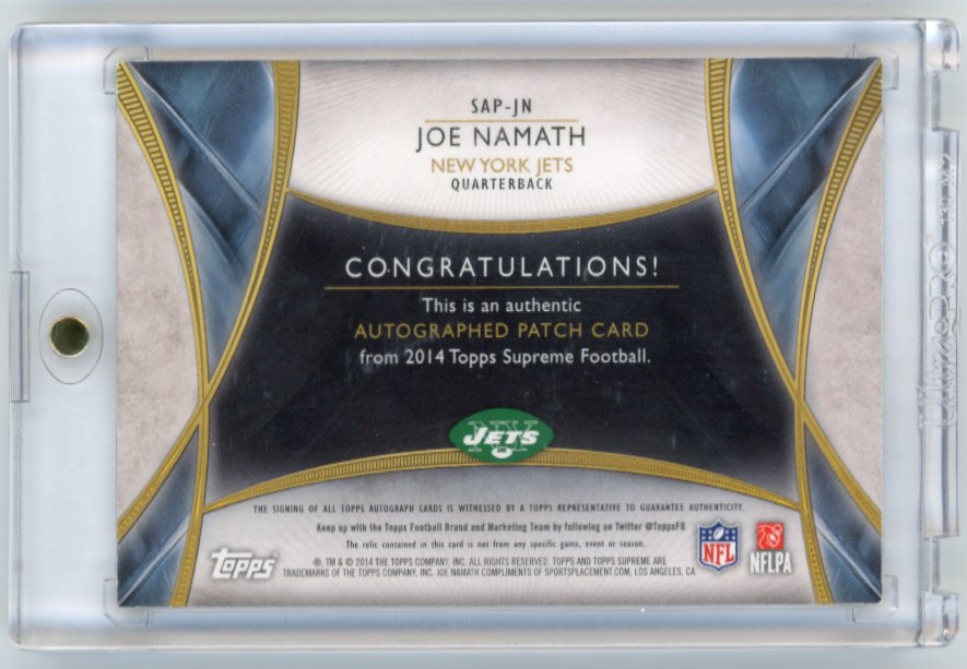 2014 Topps Supreme Joe Namath #SAP-JN - #/25 Patch Autograph Jets