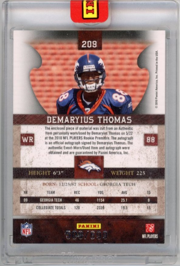 2010 Panini Demaryius Thomas Plates Patches #209 - #/699 Patch Autograph Broncos