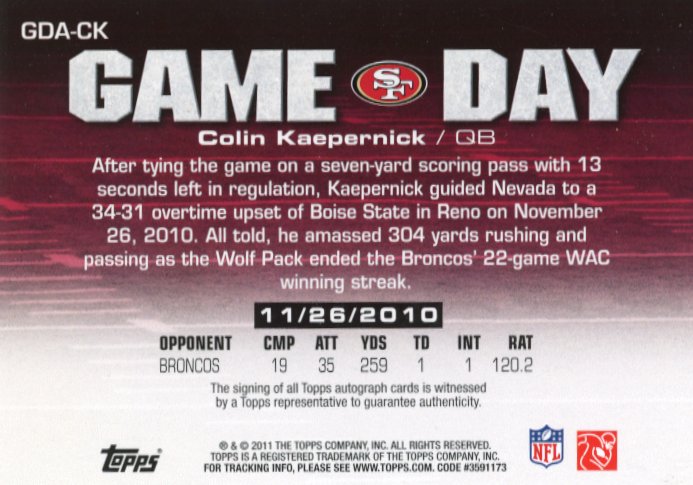 2011 Topps Colin Kaepernick Gameday #GDA-CK - Autograph 49ers