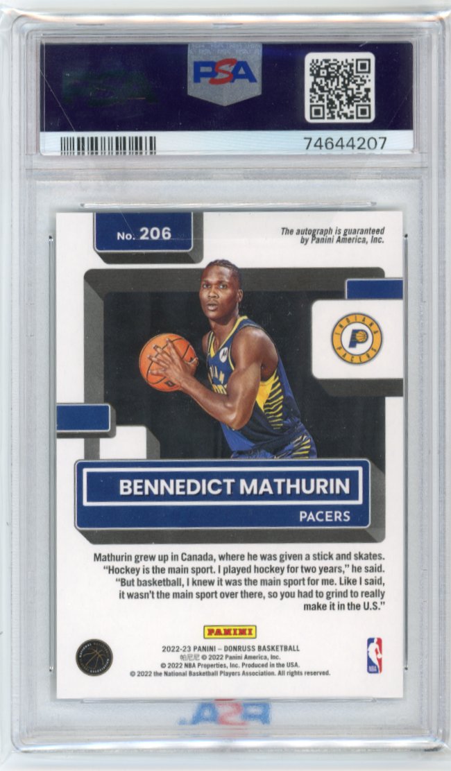 2022/23 Panini Donruss Bennedict Mathurin Rated Rookie RC #206 - Autograph Pacers PSA 10