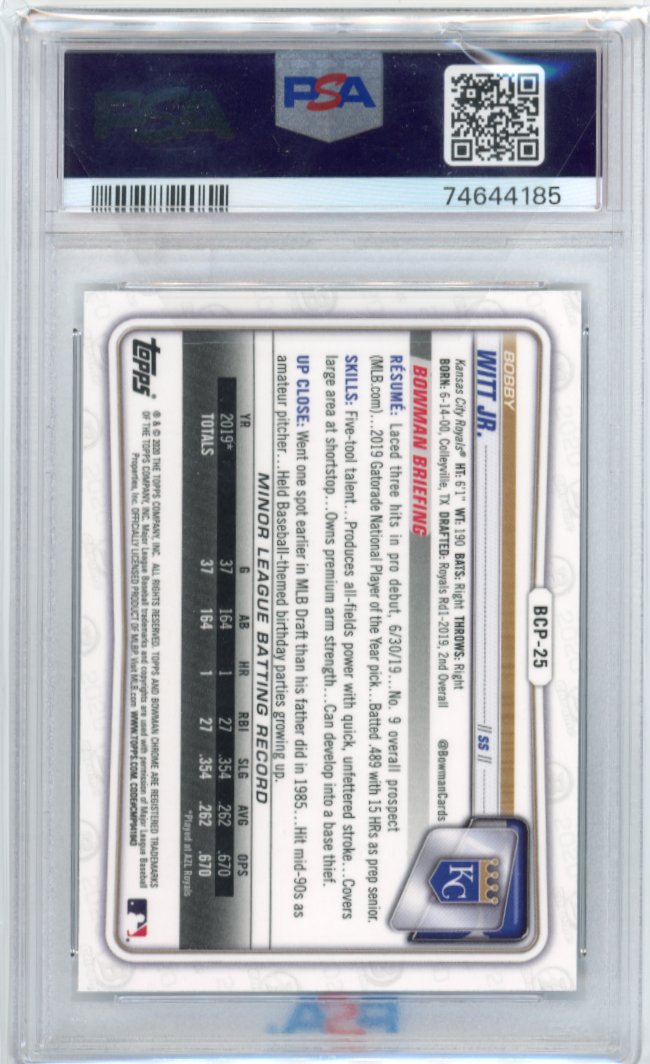 2020 Topps Bowman Chrome Bobby Witt Jr. 1st Bowman #BCP-25 - Sapphire PSA 9