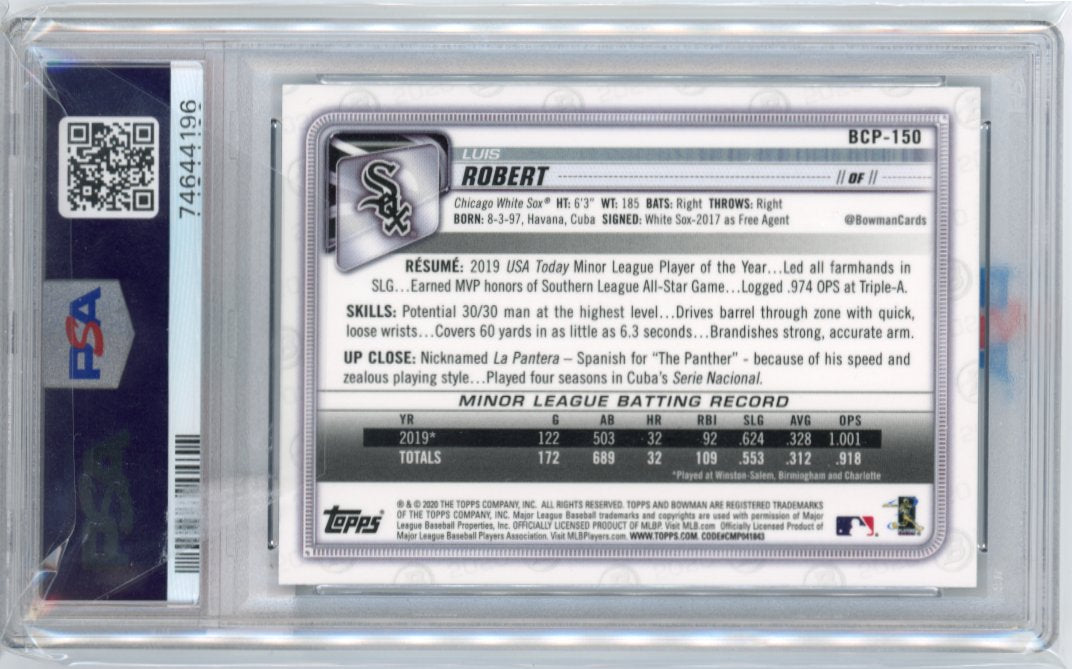 2020 Topps Bowman Chrome Luis Robert RC #BCP-150 - Sapphire White Sox PSA 10