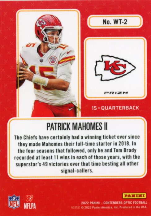 2022 Panini Contenders Optic Patrick Mahomes Winning Ticket #WT-2 - Chiefs