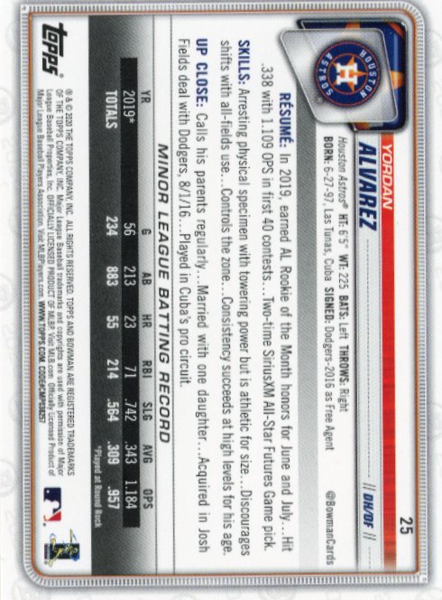 2020 Topps Bowman Yordan Alvarez RC #25 - #/75 Yellow Astros