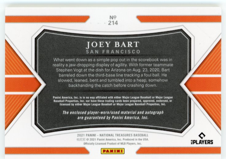 2021 Panini National Treasures Joey Bart RC #214 - #/25 Patch Autograph Giants