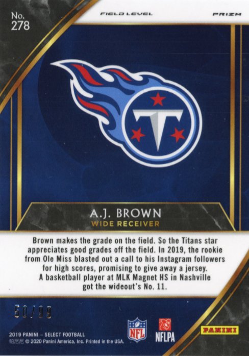 2019 Panini Select A.J. Brown Field Level RC #278 - #/99 Try-Color Titans