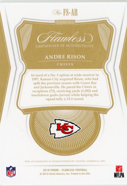 2018 Panini Flawless Andre Rison #FS-AR - #/5 Autograph SIlver Refractor Chiefs