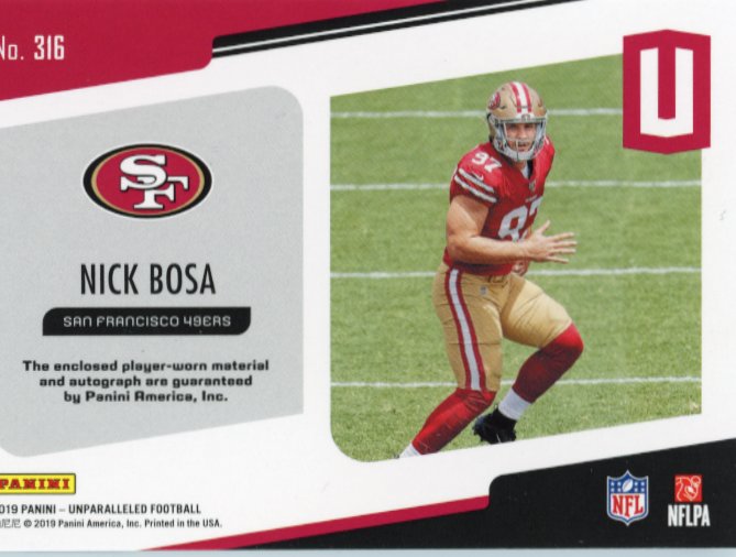 2019 Panini Unparalleled Nick Bosa #316 - Patch Autograph Orange 49ers