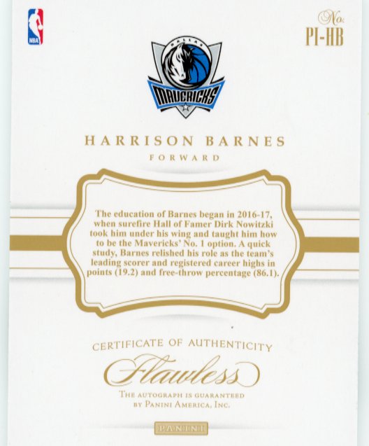 2016/17 Panini Flawless Harrison Barnes Premium Ink #PI-HB - #/25 Autograph SIlver Mavericks