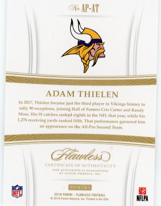 2018 Panini Flawless Adam Thielen All-Pro Ink #AP-AT - #/10 Autograph Gold Vikings