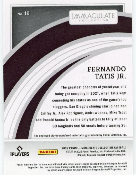 2022 Panini Immaculate Collection Fernando Tatis Jr. #19 - #/49 Patch Red Padres