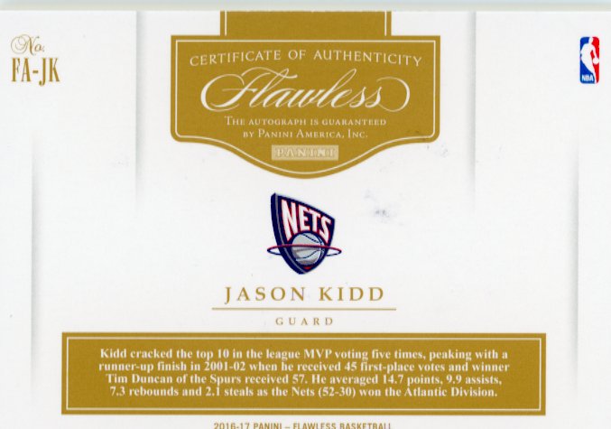2016/17 Panini Flawless Jason Kidd #FA-JK - #/15 Autograph Red Nets