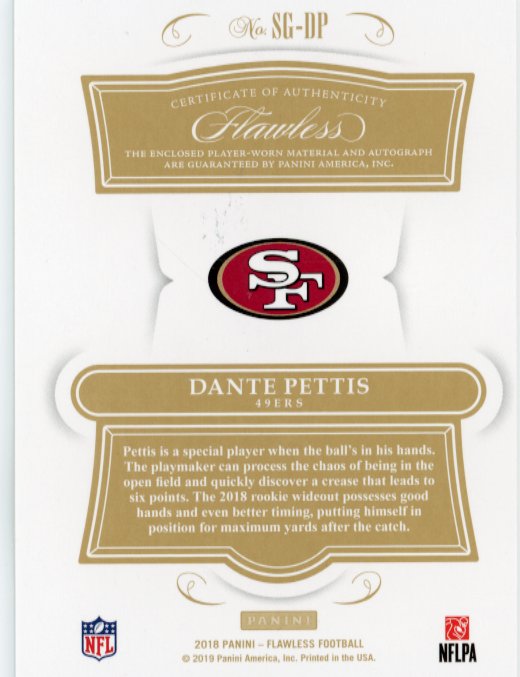 2018 Panini Flawless Dante Pettis Signature Gloves #SG-DP - #/10 Patch Autograph Purple 49ers
