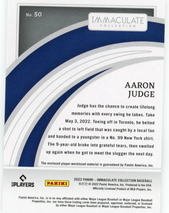 2022 Panini Immaculate Collection Aaron Judge #50 - #/99 Patch Gold Yankees