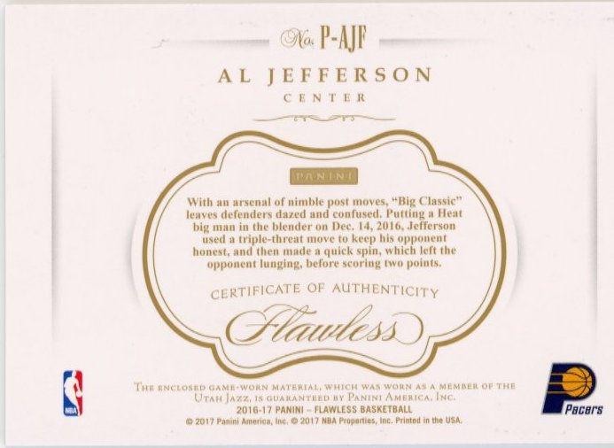 2016/17 Panini Flawless Al Jefferson #P-AJF - #/10 Patch Gold Pacers