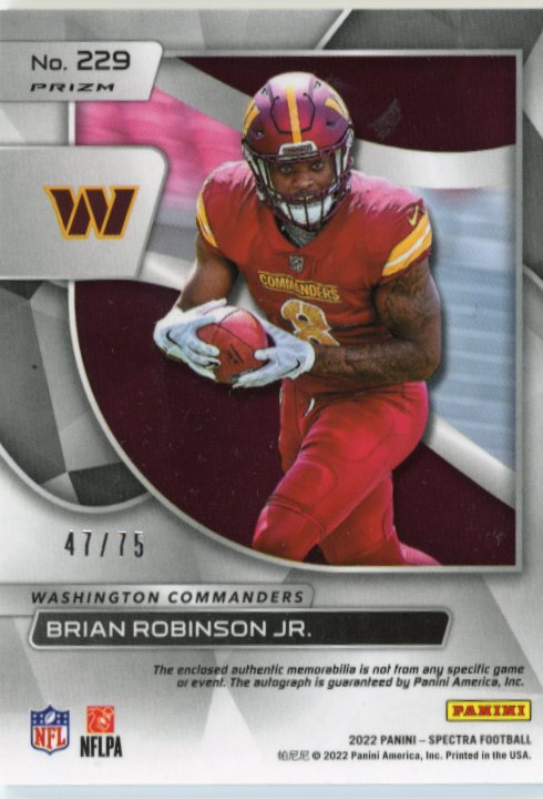 2022 Panini Spectra Brian Robinson Jr. RC #229 - #/75 Patch Autograph Commanders